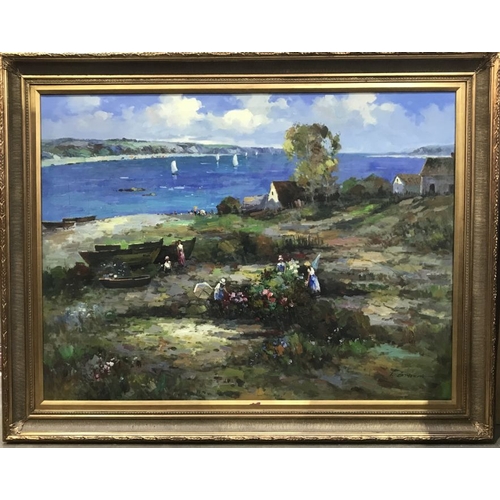 686 - L..Catherine (?) (20th Century), a beach scene with figures, signed l.r., oil on canvas, 90 by 120cm... 