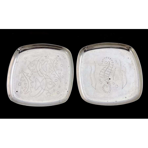 175 - Geoffrey Bellamy, a pair of Modernist silver dishes or coasters, A E Jones, Birmingham 1960, cushion... 