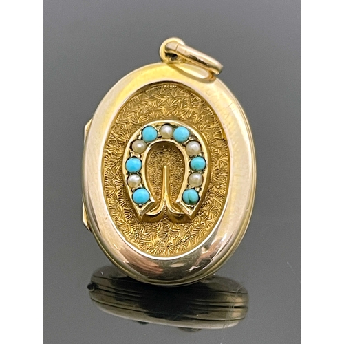 180 - A Victorian gold, seed pearl and turquoise locket pendant, oval with horseshoe emblem, the reverse w... 