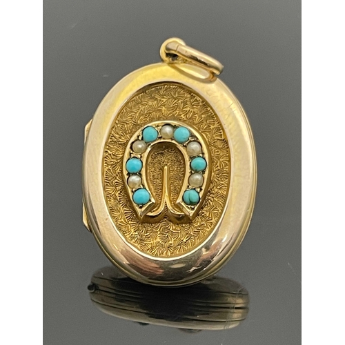 180 - A Victorian gold, seed pearl and turquoise locket pendant, oval with horseshoe emblem, the reverse w... 