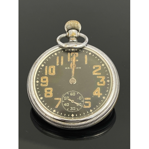 189 - Waltham, a military open face pocket watch, black enamelled dial with subsidiary seconds dial