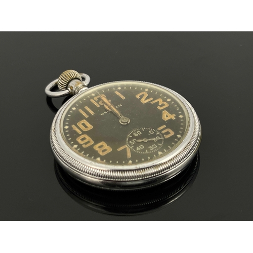 189 - Waltham, a military open face pocket watch, black enamelled dial with subsidiary seconds dial