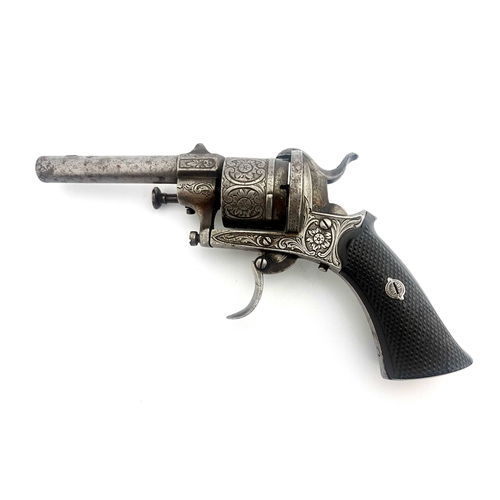 203 - A 19th century Belgian six shot pinfire revolver, 3 inch sighted round barrel, the double action eng... 