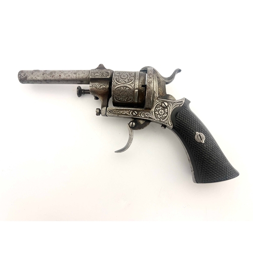 203 - A 19th century Belgian six shot pinfire revolver, 3 inch sighted round barrel, the double action eng... 