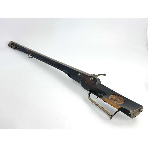 206 - A late 17th/early 18th century German wheel lock rifle, 74 inch octagonal sighted barrel, barrel wit... 