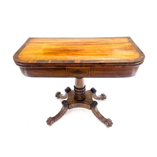 238 - A Regency mahogany tea table, circa 1820, satinwood crossbanded fold-over top, single frieze drawer,... 