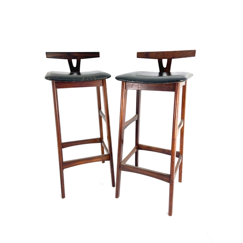 255 - Erik Buch for Dyrlund, a pair of Danish rosewood bar stools, 1960's, low lumbar supports, black leat... 