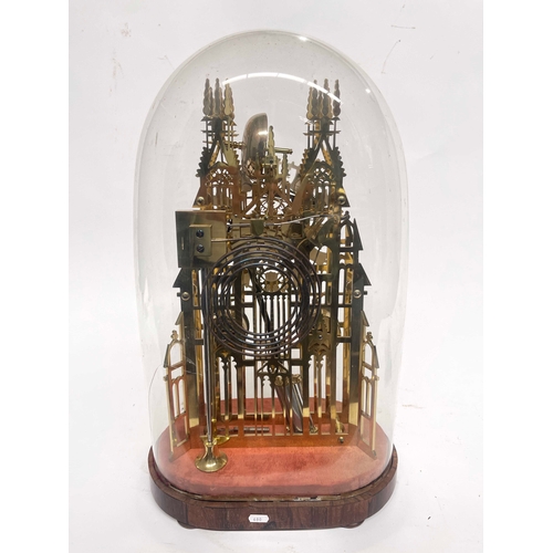 262 - A 19th Century brass skeleton clock, of Gothic cathedral form, silvered chapter ring, double fusee m... 