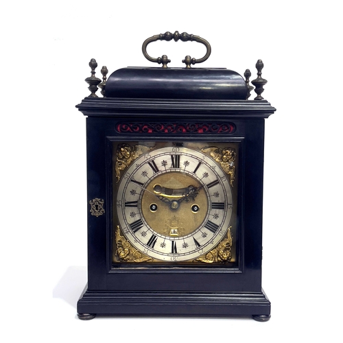 265 - Paul Beauvais, London, a George II bracket clock, ebonised case, caddy top with brass swing handle a... 