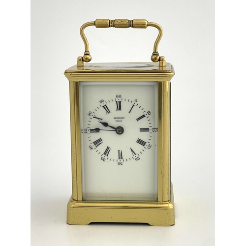 268 - Alfred Drocourt, a French gilt brass carriage clock, jewelled lever escapement, white enamelled dial... 