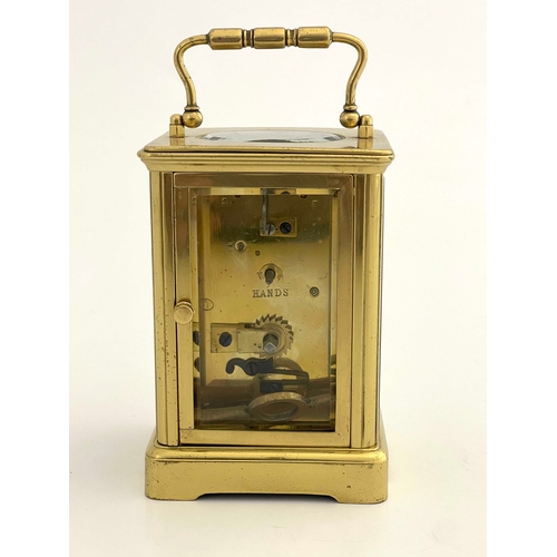 268 - Alfred Drocourt, a French gilt brass carriage clock, jewelled lever escapement, white enamelled dial... 