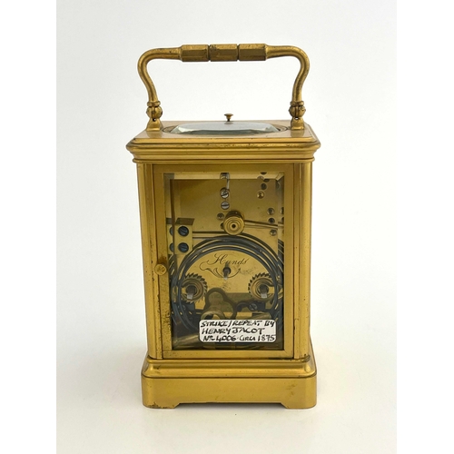 269 - Henry Jacot, a French gilt brass carriage repeat clock, jewelled lever escapement, signed to the bac... 