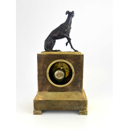 275 - A French ormolu bracket clock, circa 1870, surmounted with a bronze model of a seated greyhound, whi... 