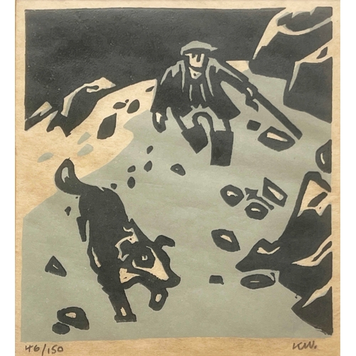 306 - Sir Kyffin Williams R.A. (Welsh, 1918-2006), a Welsh farmer with a sheepdog on a hillside, signed wi... 