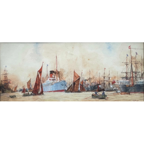 318 - J..W..Bygrave (British, early 20th Century), a busy harbour -  steamships, sailing vessels and rowin... 