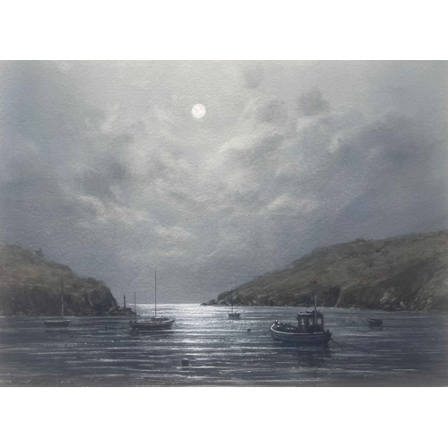 325 - Graham Hadlow (British, 20th/21st Century), Moonlit High Tide, Solva, signed l.l., titled verso, wat... 