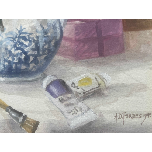 332 - Andrew Forbes (British, 20th/21st Century), still life of pottery and paint brushes, signed and date... 