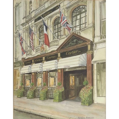 335 - Gillian Burrows (British, 20th Century), the facade of Cartier, signed l.r., pen and watercolour, 39... 