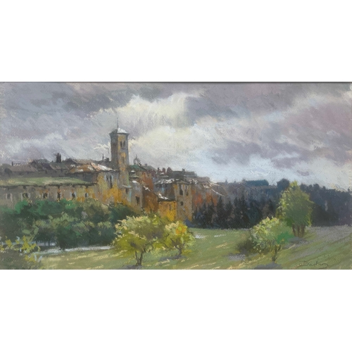 338 - John Darlison (British, 20th Century), Aups en Provence, signed l.r., titled verso, pastel, 29 by 53... 