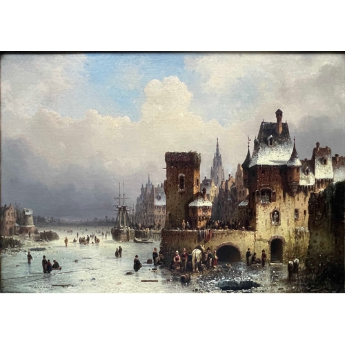 351 - Ludwig Hermann (German, 1812-1881), a winter river landscape harbour scene; a river landscape with h... 