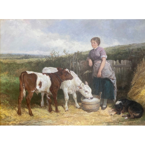 358 - Heywood Hardy (British, 1842-1933), Feeding Time - girl with calves and a dog, signed and dated 1871... 