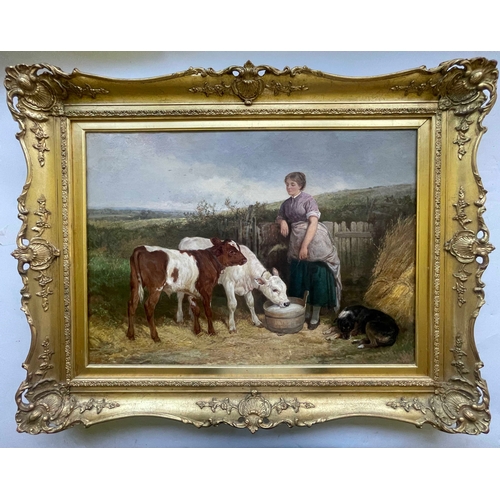 358 - Heywood Hardy (British, 1842-1933), Feeding Time - girl with calves and a dog, signed and dated 1871... 