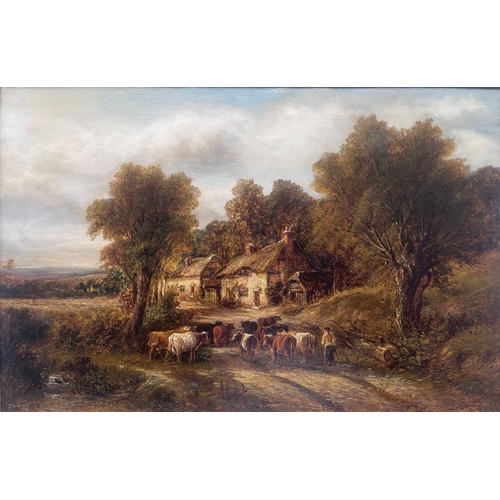 359 - Thomas Thomas (British, act.1854-1896), cattle and figure by cottage and river, signed l.r., oil on ... 