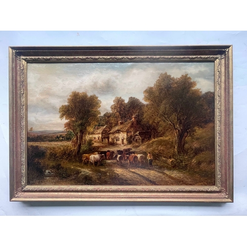 359 - Thomas Thomas (British, act.1854-1896), cattle and figure by cottage and river, signed l.r., oil on ... 