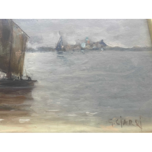 360 - Giuseppe (Beppe) Ciardi (Italian, 1875-1932), sailing boats, signed l.r., oil on board, 17 by 26cm, ... 