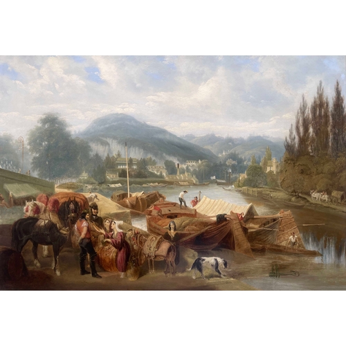 361 - British School, 19th Century, View of a Belgian River Town with Numerous Figures, Animals and Boats,... 