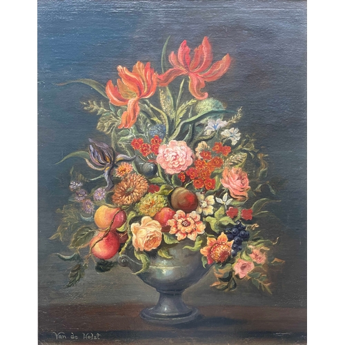 365 - Van de Holst (Dutch, 20th Century), still life of flowers and fruit in an urn, signed l.l., oil on b... 