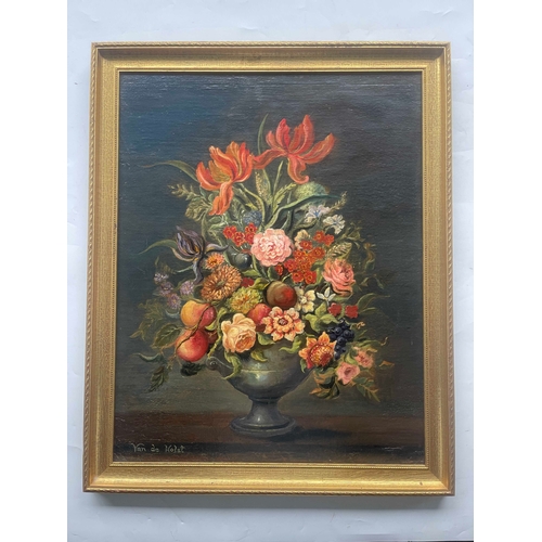 365 - Van de Holst (Dutch, 20th Century), still life of flowers and fruit in an urn, signed l.l., oil on b... 