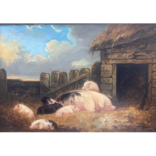 368 - Attributed to George Morland (British, 1762/63-1804), a pig sty with a sow and piglets, oil on re-li... 