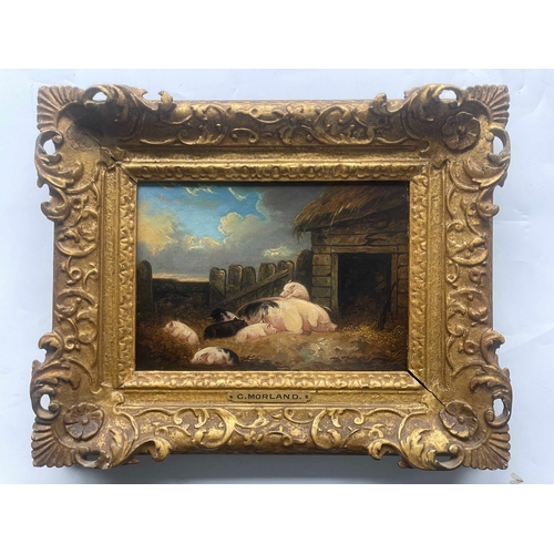 368 - Attributed to George Morland (British, 1762/63-1804), a pig sty with a sow and piglets, oil on re-li... 