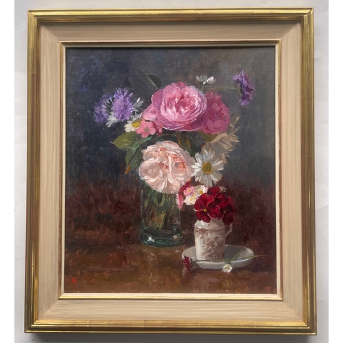 370 - Pamela Kay (British, 1939), still life of roses in a glass vase and a jug of flowers, signed with in... 