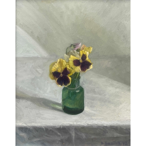 372 - Arthur Easton (British, 1939), still life of pansies in a green bottle, signed and dated 1992 l.r., ... 