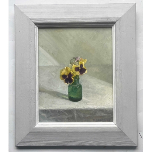 372 - Arthur Easton (British, 1939), still life of pansies in a green bottle, signed and dated 1992 l.r., ... 