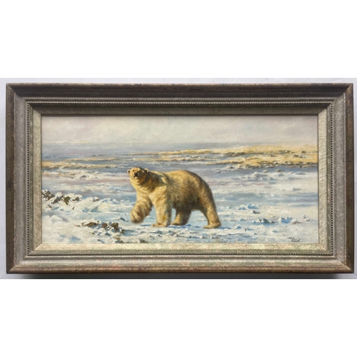 380 - Tony Forrest (British, 1961), polar bear, signed l.r., oil on canvas, 30 by 60cm, framed.  Note: Art... 