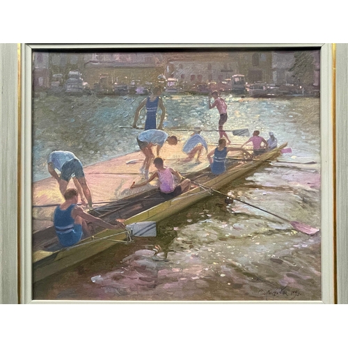 384 - Timothy Easton (British, 1943), Race End, Henley, signed and dated 1993 l.r., titled verso, oil on c... 