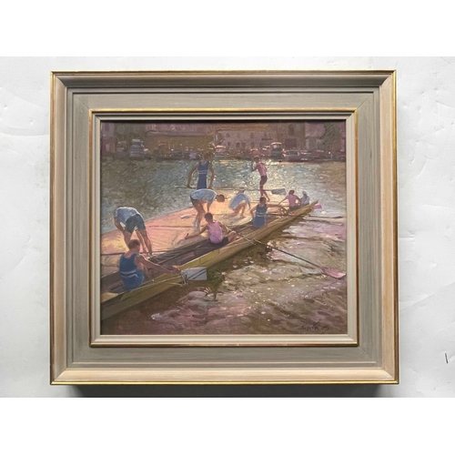 384 - Timothy Easton (British, 1943), Race End, Henley, signed and dated 1993 l.r., titled verso, oil on c... 