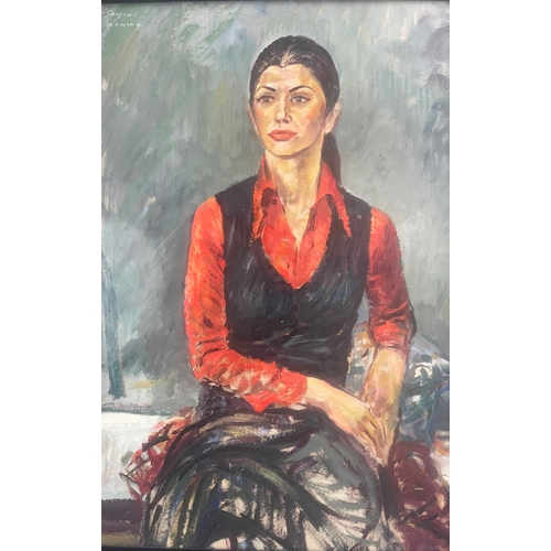 387 - Derrick Sayer (British, 1917-1992), Iranian - portrait of a young lady, half length seated wearing a... 