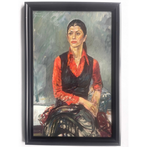 387 - Derrick Sayer (British, 1917-1992), Iranian - portrait of a young lady, half length seated wearing a... 