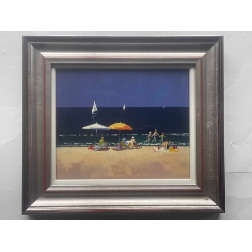 392 - James Orr (British, 1931-2019), Sunny Beach, Majorca, signed and titled verso, oil on board, 25 by 3... 