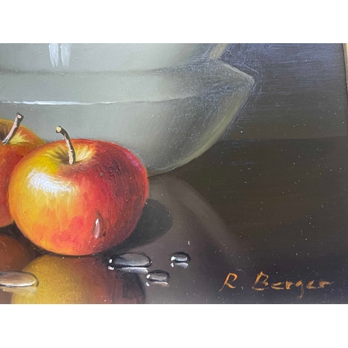 393 - Ronald Berger (Austrian, 1943), still life of apples and a porcelain bowl, signed l.r., oil on panel... 