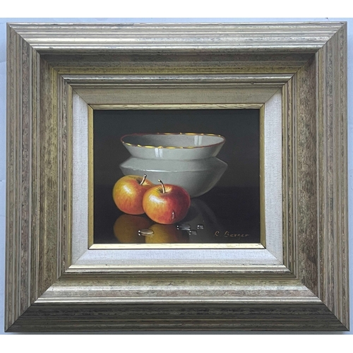 393 - Ronald Berger (Austrian, 1943), still life of apples and a porcelain bowl, signed l.r., oil on panel... 