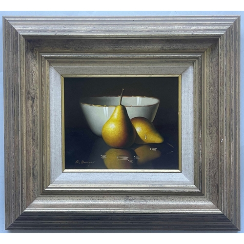 394 - Ronald Berger (Austrian, 1943), still life of pears and a porcelain bowl, signed l.l., oil on panel,... 