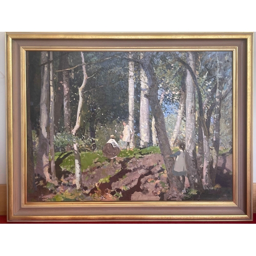 404 - Attributed to Arthur Karl Maderson, (Irish/British, 1942), a woodland scene with figures, oil on re-... 