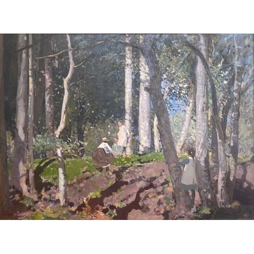 404 - Attributed to Arthur Karl Maderson, (Irish/British, 1942), a woodland scene with figures, oil on re-... 