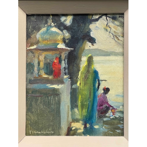 411 - Trevor Chamberlain (British, 1933), Ghats by the Lake, Udaipur, signed l.l., titled verso, oil on bo... 