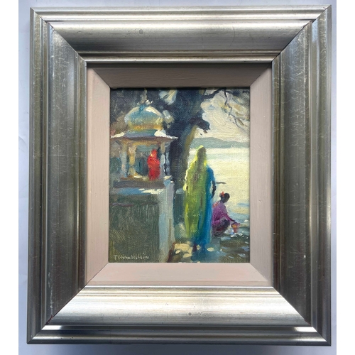 411 - Trevor Chamberlain (British, 1933), Ghats by the Lake, Udaipur, signed l.l., titled verso, oil on bo... 